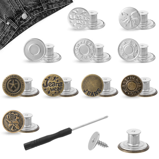 101 Pcs Jeans Buttons Pins with Screwdriver for Loose Jeans Removable Instant Metal No-Sew Replacement Buttons for Pants Denim Clothing Tighten or Extend Waist for Men, Women