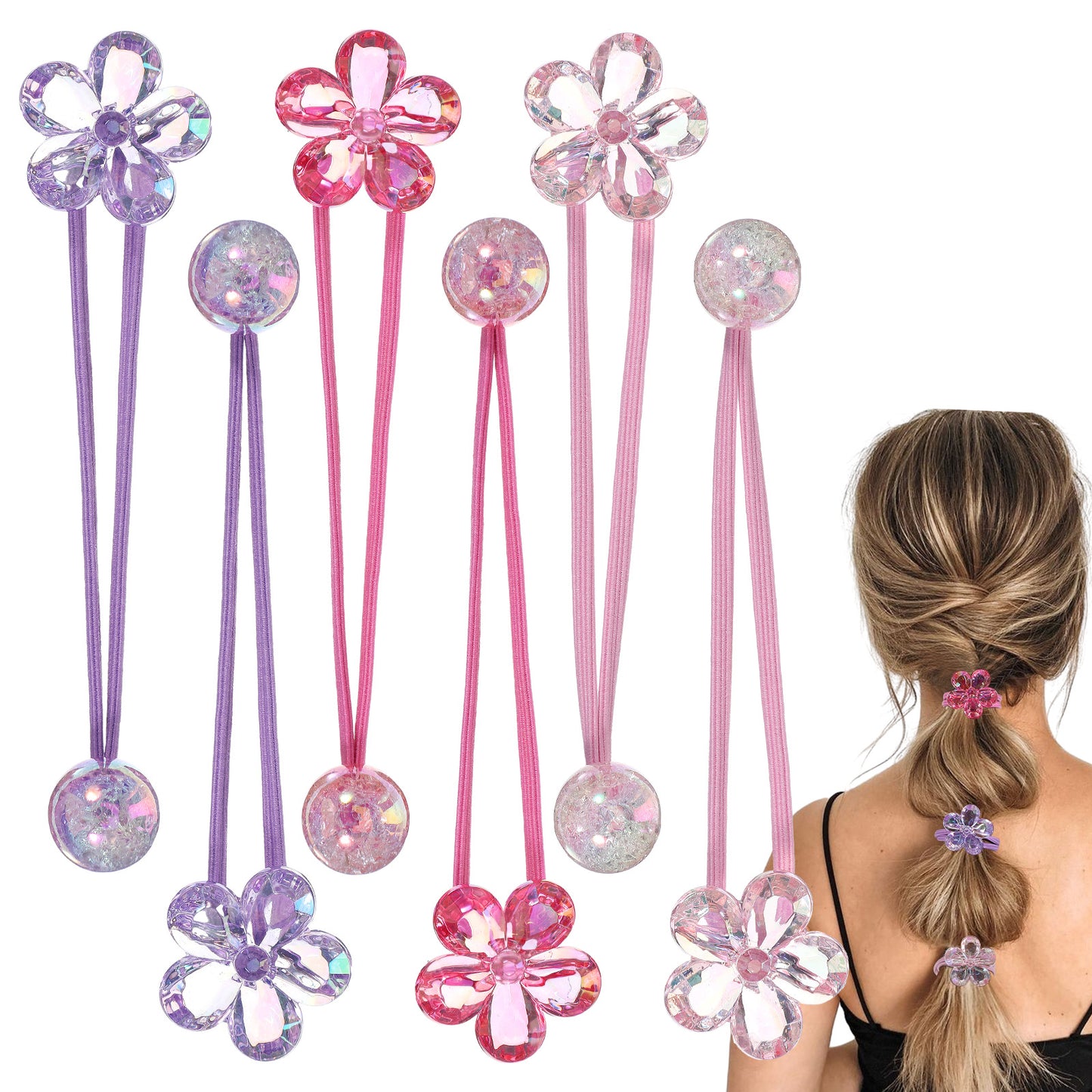 Tyqour 6 Pcs Ball Charm Hair Ties for Little Girls, Colored Camellia Bead Rubber Band Bubble Balls Hair Ties Ponytail Holders for Toddler Girls Pink Rose Red Violet