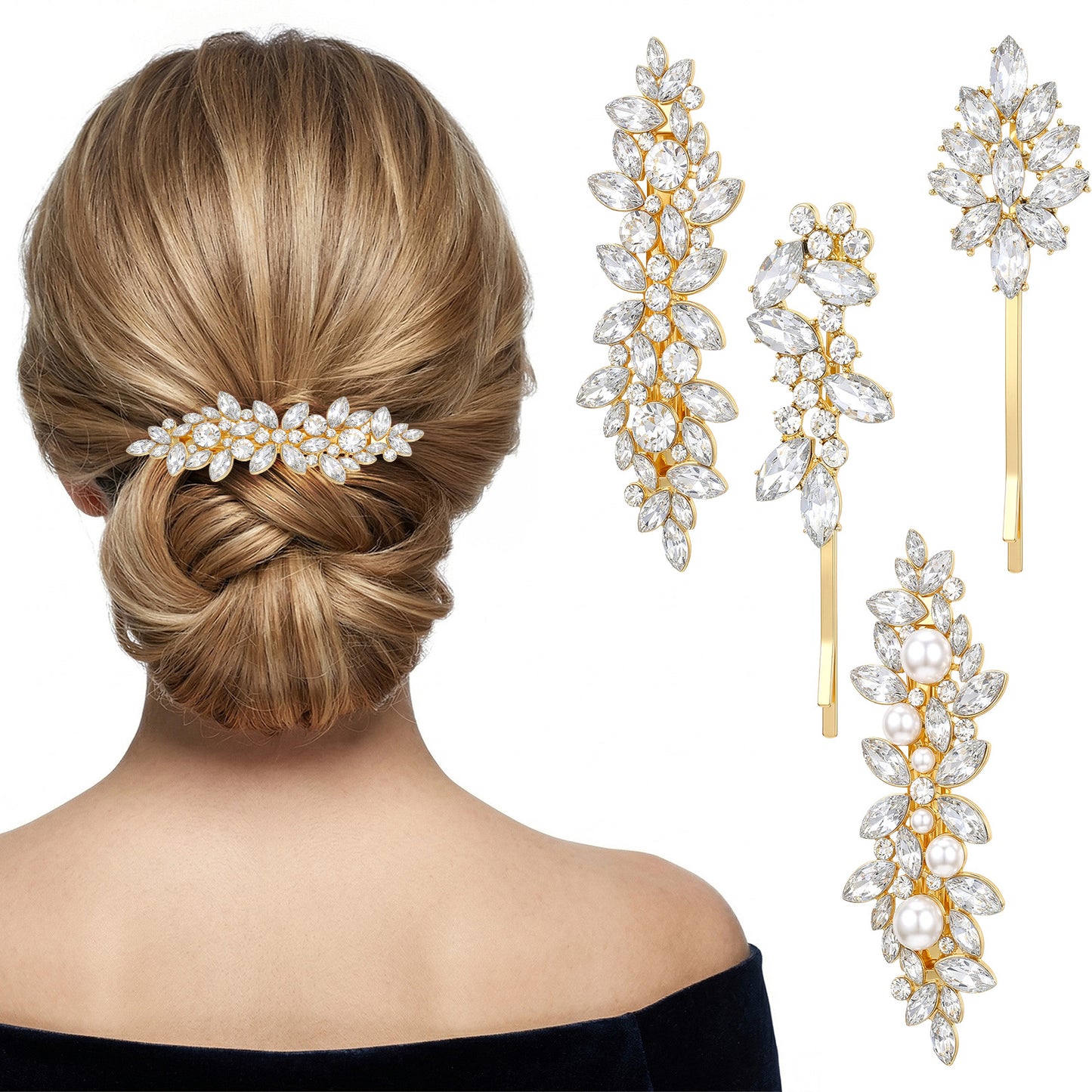 Nogeqi 4 Pcs Rhinestone Hair Clips, Crystal Fancy Hair Clip for Women, Silver Hair Clips, Sparkly Rhinestone Barrettes for Women, Bridal Hair Accessories for Women, Wedding, Prom(silver gold)