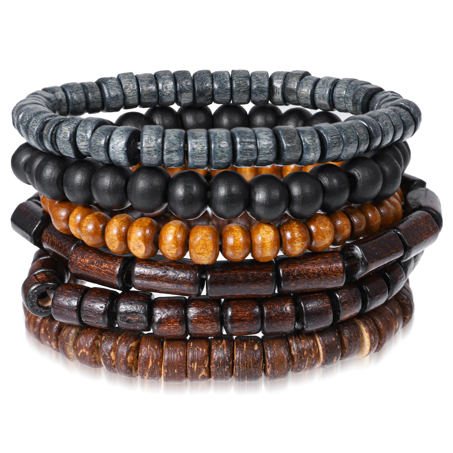 6 Pcs Wooden Bead Bracelets Gothic Bracelet Adjustable Punk Bracelets Braided Elasticity Rope Vintage Multi-Layer Detachable Beaded Bracelet for Men and Women Gift