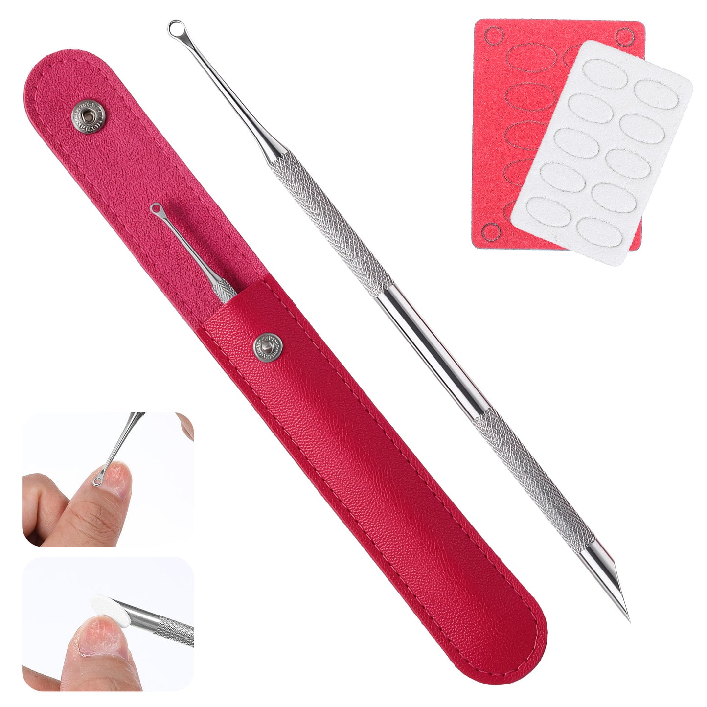 RAHHLIZS Cuticle Pusher with 2 Ends Metal Nail Cuticle Pusher Manicure Tools Stainless Steel Nail Scraper Cuticles Remover Kit with 2 Sandpaper Sheets 1p Storage Bags for Daily Use