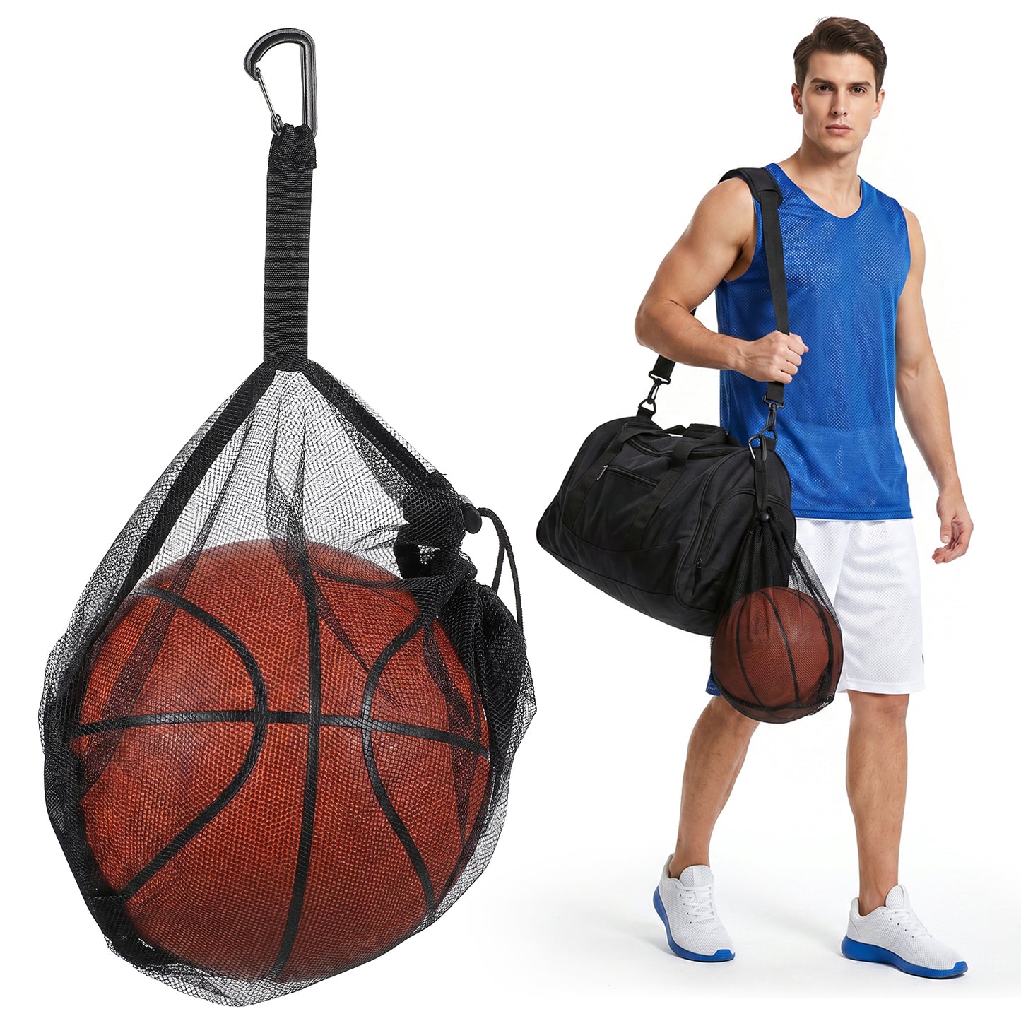 Matwsec 2 PCS Single Mesh Ball Bag for Basketball Ball Net Bag with Drawstring and Hanging Clip for Soccer Volleyball Football Sports Men Women, 15.7x13.7 Inch