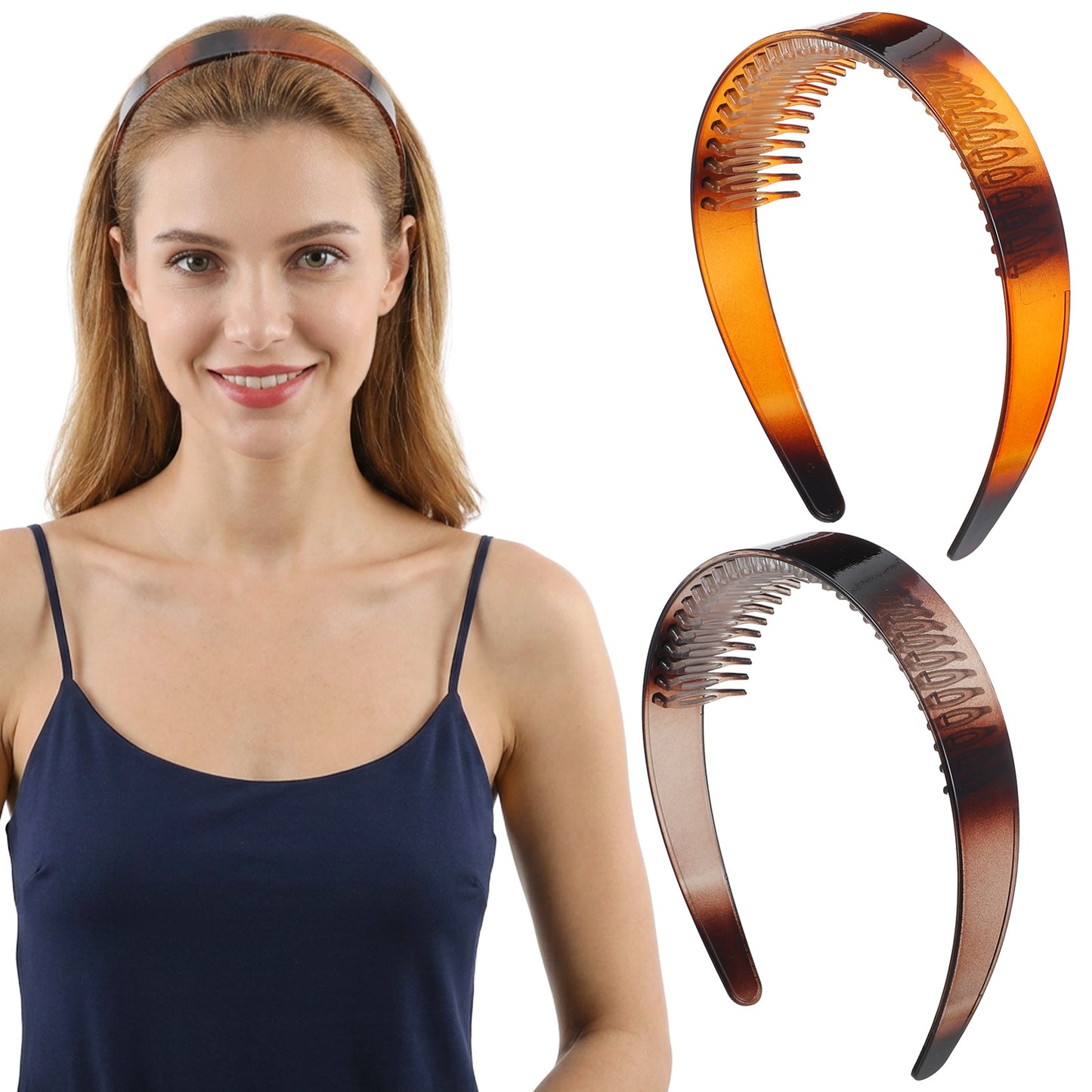 RAHHLIZS 2 PCS Plastic Headbands with Teeth, Non-slip Hair Headbands for Women, Brown & Gray Wide Tooth Comb Hairbands for Hair Styling Daily Wear, Work, Makeup and Sports
