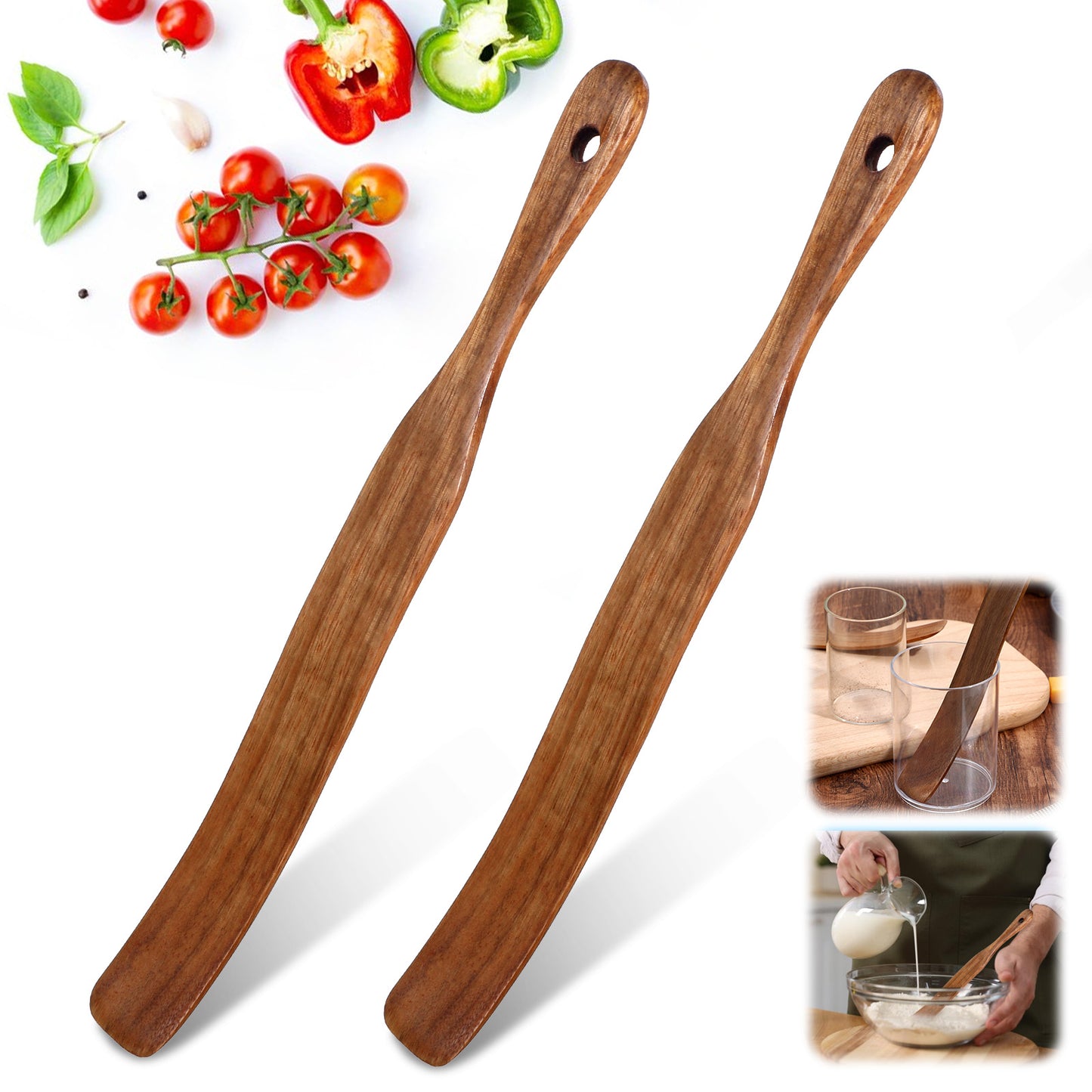 Ouligay 2Pcs Skinny Wooden Sourdough Spurtle Spatula 11 Inch Thin Spurtles Mixing Spoon Stirring Stick for Sourdough Starter Baking Wood Bread Spatula Kitchen Tools