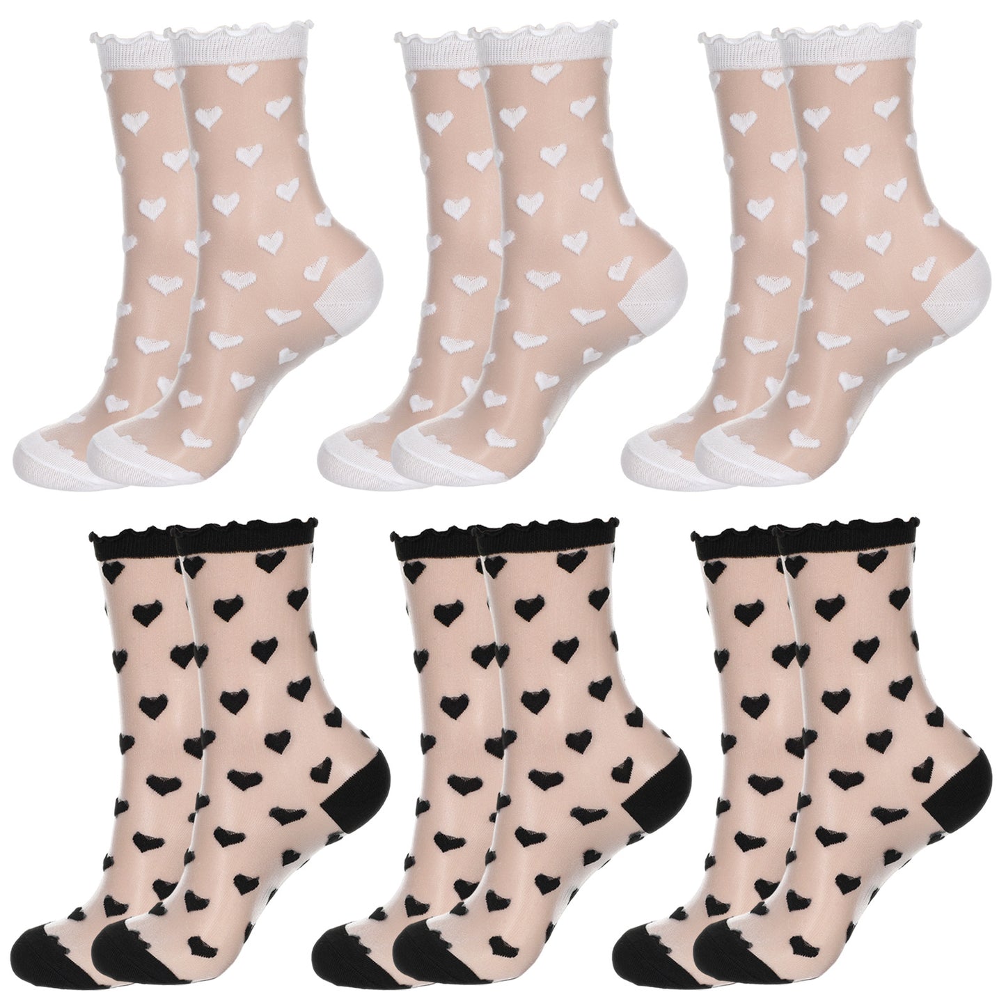 RAHHLIZS 6 Pairs Women Sheer Ruffle Socks Dot Mesh Nylon Sock and Thin Silk Ankle Stocking for Women(White, Black)