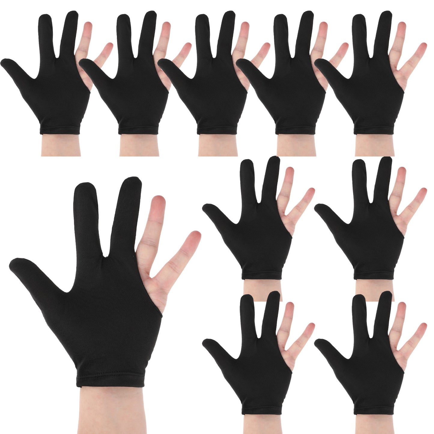 Sorcristy Billiard Gloves 10 Pack, 3 Fingers Breathable Billiards Pool Nylon Table Pool Left Right Hand Universal Cue Sports Accessories for Women Men