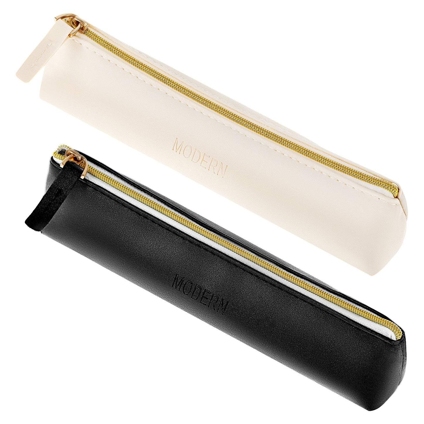 2PCS Pencil Pouch Cute Beige Black Leather Pencil Case Aesthetic Small Zipper Pencil Pouches, Soft Makeup Brush Travel Case Slim Pen Pencil Bags for Women, Makeup Pouch