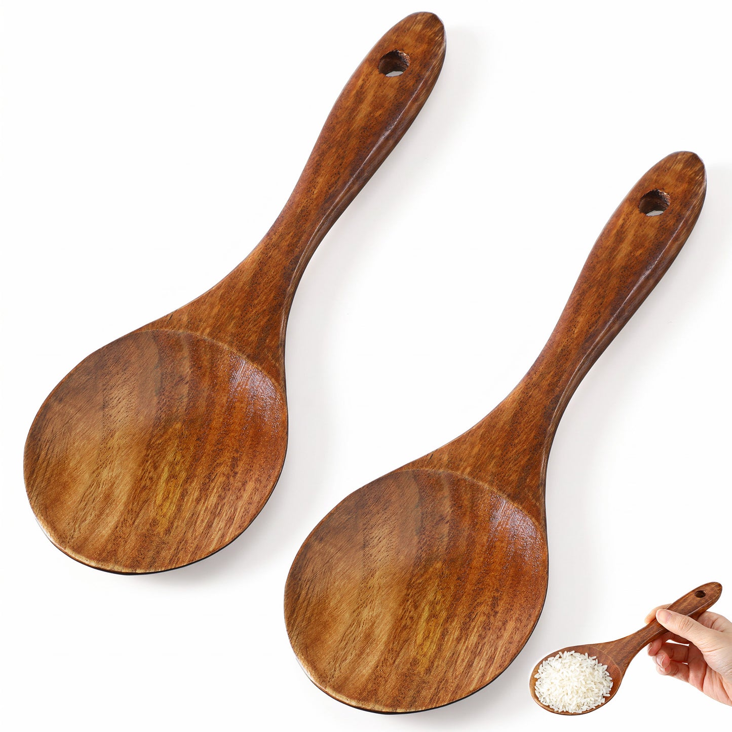 RAHHLIZS 2Pcs Natural Phoebe Wood Rice Paddle, Non-Stick Rice Spoon, Rice Spatula for Cooking, Eco-Friendly Alternative to Bamboo Spoons for Cooking (Brown, 8.27 x 2.91 Inch)