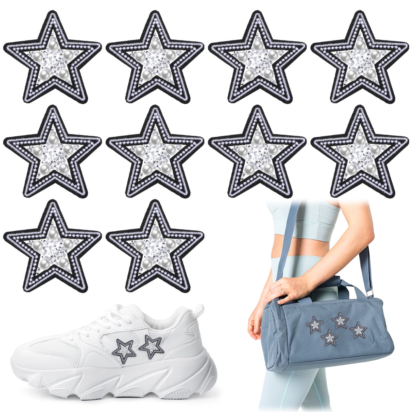 Tyqour 10Pcs Rhinestone Star Patches Iron On Twinkling Pearl Star Iron On Patches Bling Crystal Embroidered Appliques Patch for Clothes Jeans Backpacks Bags Hats Shirts