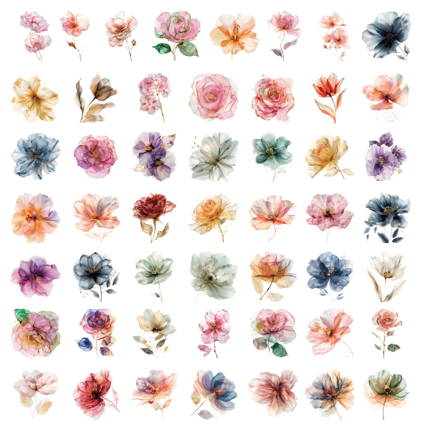 Ouligay 50 Pieces Sparkly Flower Stickers for Scrapbooking, Pet Waterproof Glitter Plant Floral Stickers Flowers for Window, Water Bottles, Laptop, Notebook, Scrapbook, Luggage, Party Favors