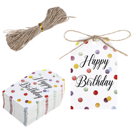 100 Pcs Tags for Happy Birthday Gift Stickers - Colorful Dots Paper Tags with String - 8.5x5.5cm Personalized Birthday Labels for Gift Wrapping Decoration
