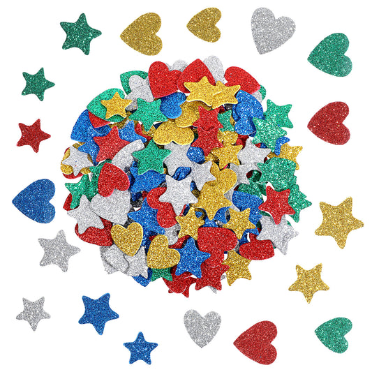 300 PCS Glitter Foam Stickers for Kids Crafts, Colorful Foam Shapes Decals Self Adhesive Stars Mini Heart Shape Felt Stickers Art Craft Supplies for Scrapbooks, Crafts and Cards