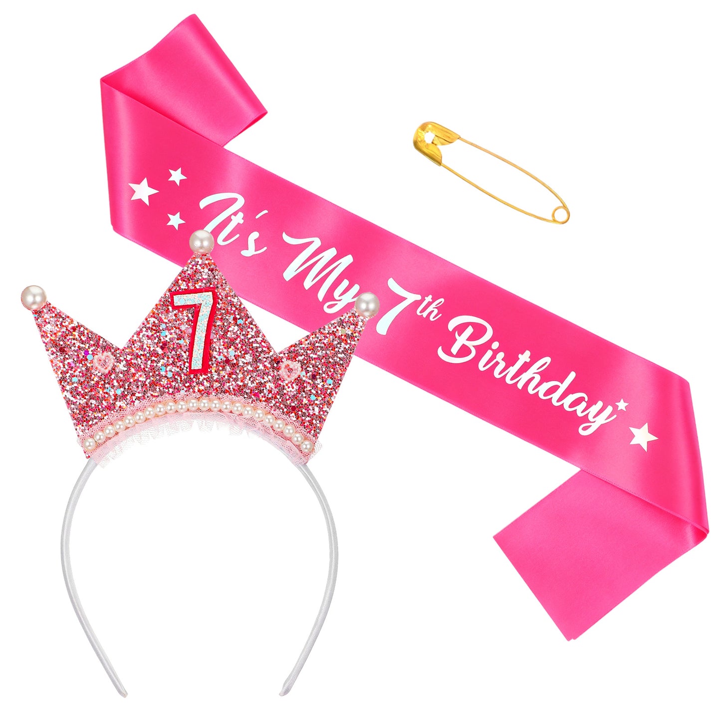 Bremorou 2Pcs 7th Birthday Decorations For Girls - Birthday Queen Sash and Crown Set, Pink Glitter Headband and Satin Sash for Party and Photos