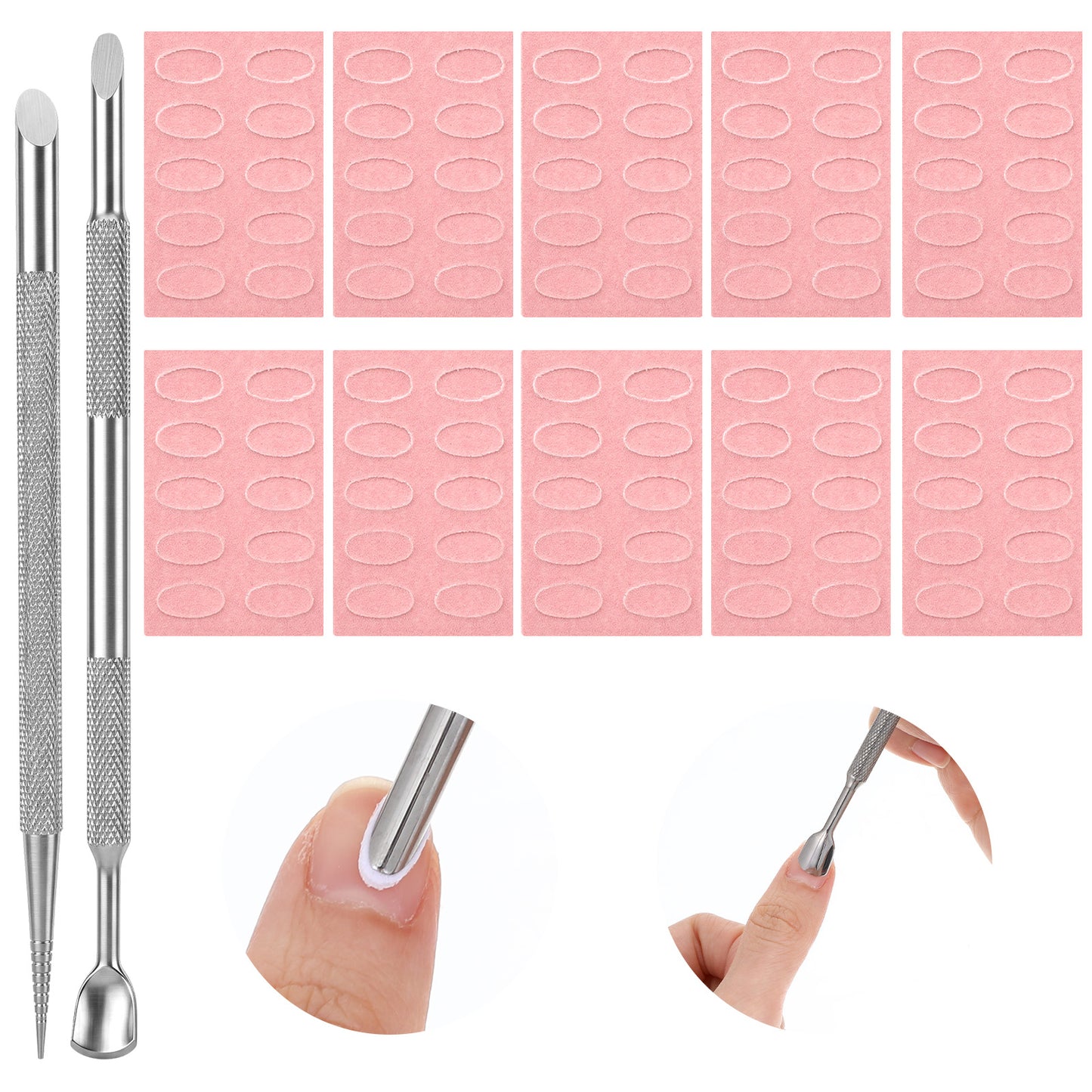 Pre-Treatment Cuticle Pusher Dual Ended Cuticle Remover Metal Russian Prep Nail Pushers with 180 Grit Sandpaper Sheets Nail Care for Fingernails Toenails Manicure Pedicure Nail Art Care Tools