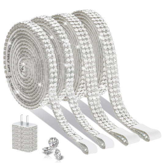 Teaaha 4 Rolls Rhinestone Ribbon Self Adhesive Crystal Rhinestone Tape Glitter Tape with 2 Mm Rhinestones Strips for Wedding Birthday Party Arts Crafts DIY Car Phone Decoration (Silver, 2 Type)