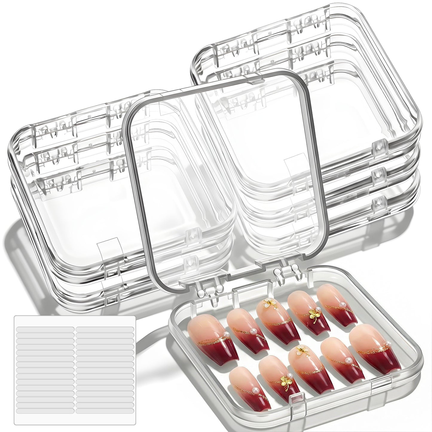 6 PCS Press On Nail Packaging Box Press on Nail Storage Box for PressOns with 30 Pcs Adhesive Double Sided Tape, Clear Acrylic Nails Display Case for NailArt
