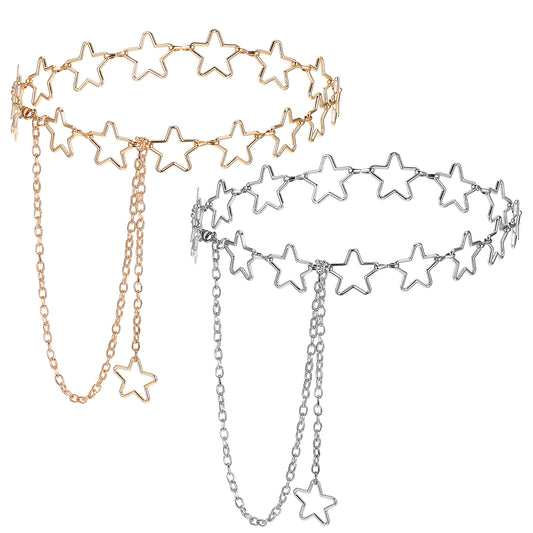 2 Pcs Star Waist Chain, Adjustable Silver Gold Body Chains Star Punk Pocket Jean Chain for Women Fashion Jewelry Belt for Dresses Jeans Skirts