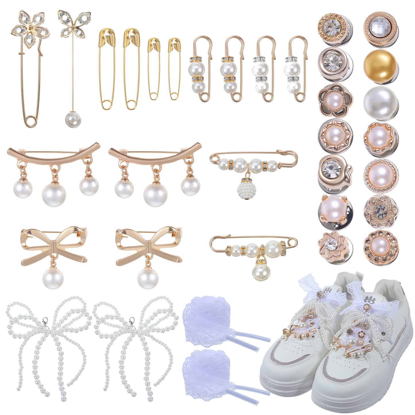 Tyqour 38pcs Shoe Charms for Sneakers - Shoe Lace Charms & Shoelace Charms with Junk Socks Charms Kit, Perfect Sneaker Charms for Laces, Includes Bows, Clips, Pins, Jewelry