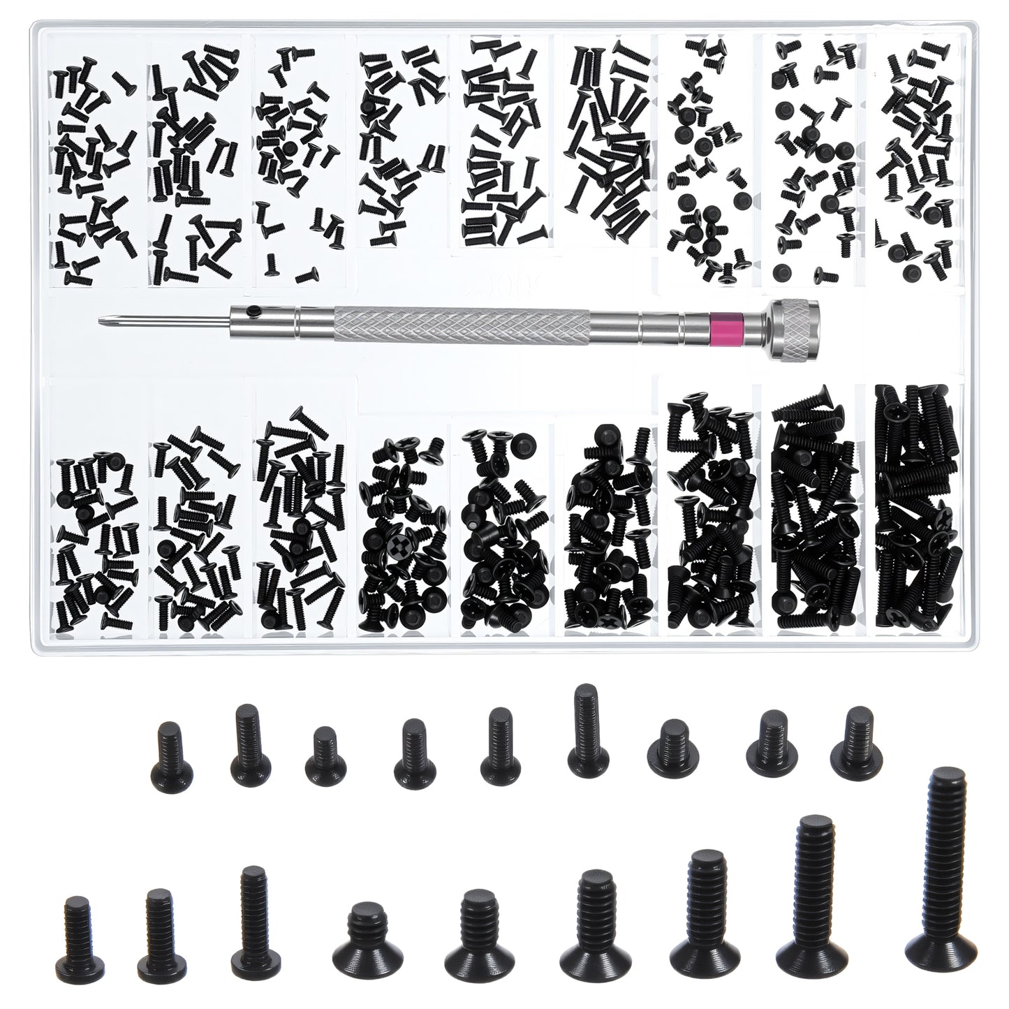 Ymapinc 500Pcs Tiny Micro Screw Kit,1.2/1.4/2.0MM Black Assortment with Glasses Screwdriver for Laptop, Eyeglass & Watch Repair Sunglasses Screws Watch Repair Kit