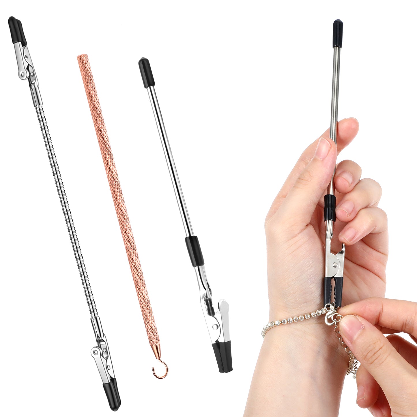Nogeqi 3PCS Bracelet Helper Tool to Put on Yourself, Portable Bracelet Assistance Tool Fastener Helper with Non-Slip Rubber Tips for Long Nails Jewelry Buckles Wearing Aid