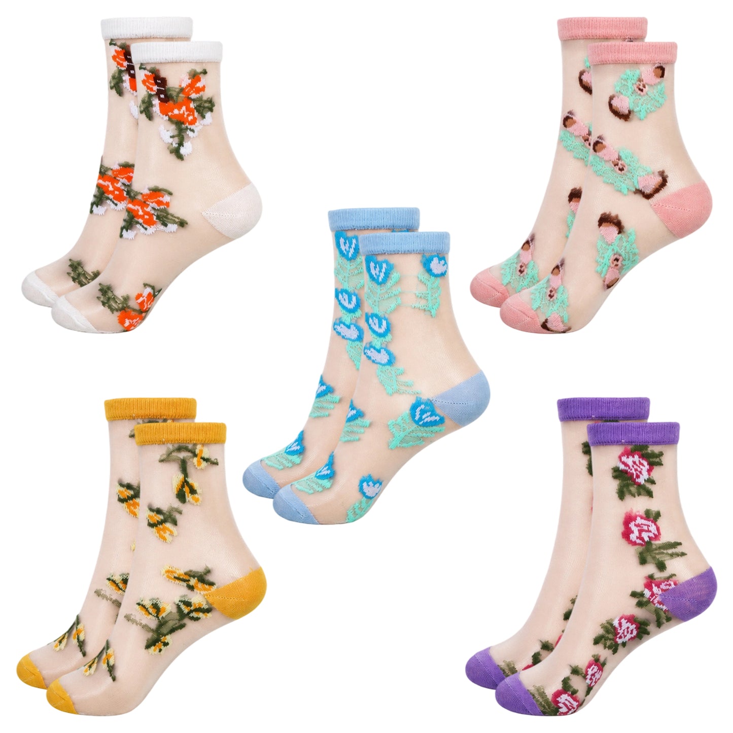 5 Pairs Sheer Socks Floral Silk Sheer Ankle Socks for Women Colorful