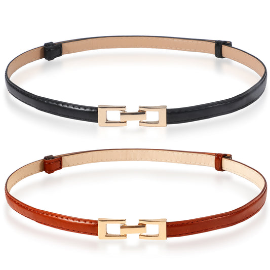 2PCS Skinny Belts for Women, Brown/Black Leather Belt with Gold Buckle for Dresses, Solid Color Plus Size Adjustable Belts for Jeans Pants Dresses with Metal Buckle