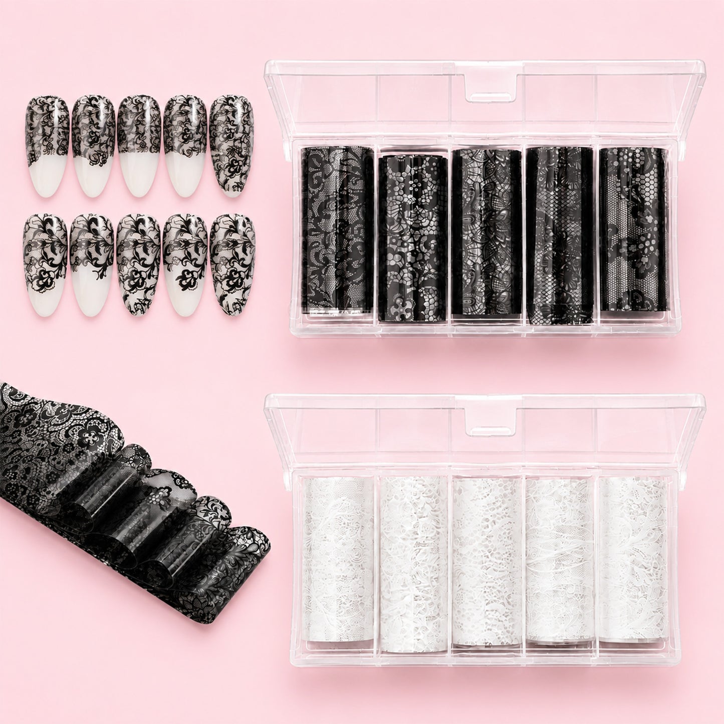 RAHHLIZS 10 Rolls Lace Nail Stickers, Black White Flower Nail Lace Foil