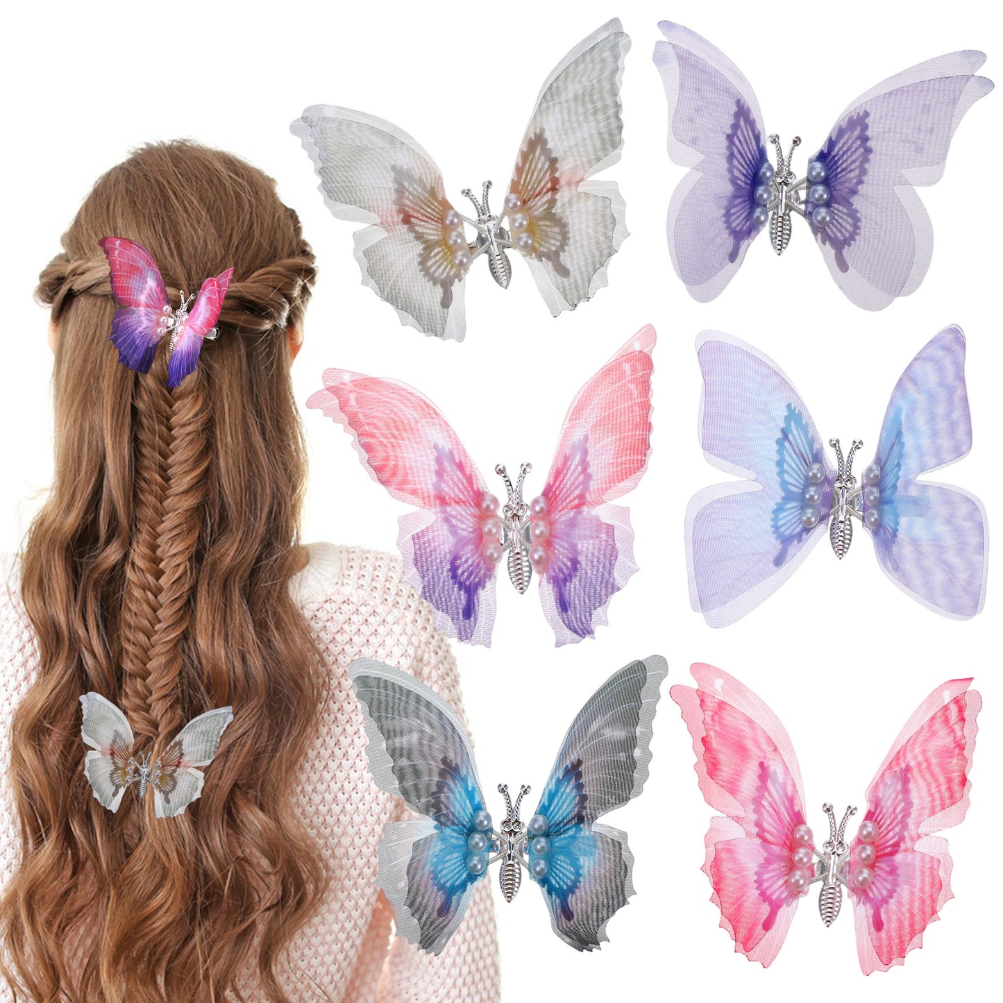Shimmeroo 6Pcs Butterfly Hair Clips for Women - Fairy Butterflies Hair Bows with Mini Clip, Colorful Barrettes in Satin Fabric, Gradient Design