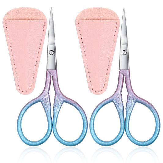 2 Pcs Eye Brow Scissors for Women 3.54 Inch Small Eyebrow Scissor Mini Cosmetic Scissor fit Facial Facial Hair Eyebrows Beard Ear Nose Moustache Sewing Blue Pink Gradient Stainless Steel