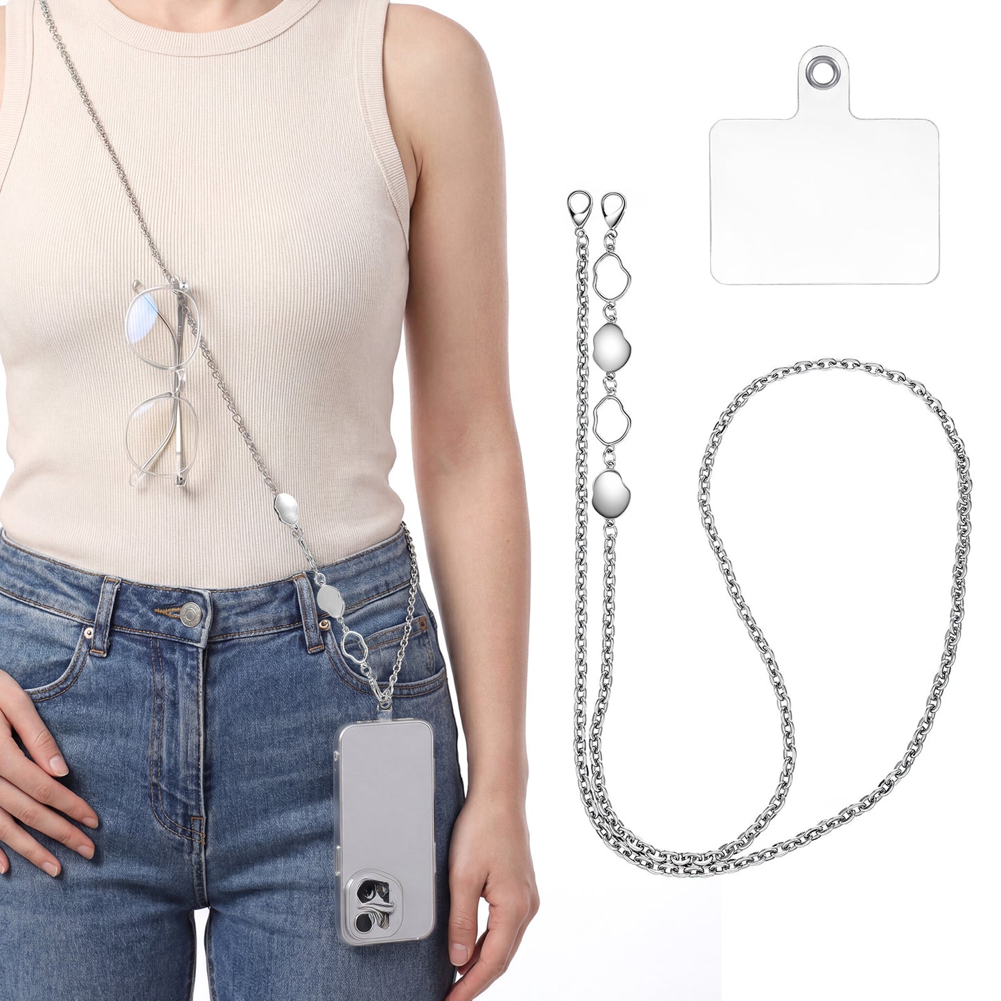Metal Cell Phone Lanyard Crossbody Adjustable Cellphone Strap Chain with Tether Patch, Secure Hands-Free Neck Straps Anti-Theft Lanyards Travel Essential Compatible for Most Phones Android Smartphones