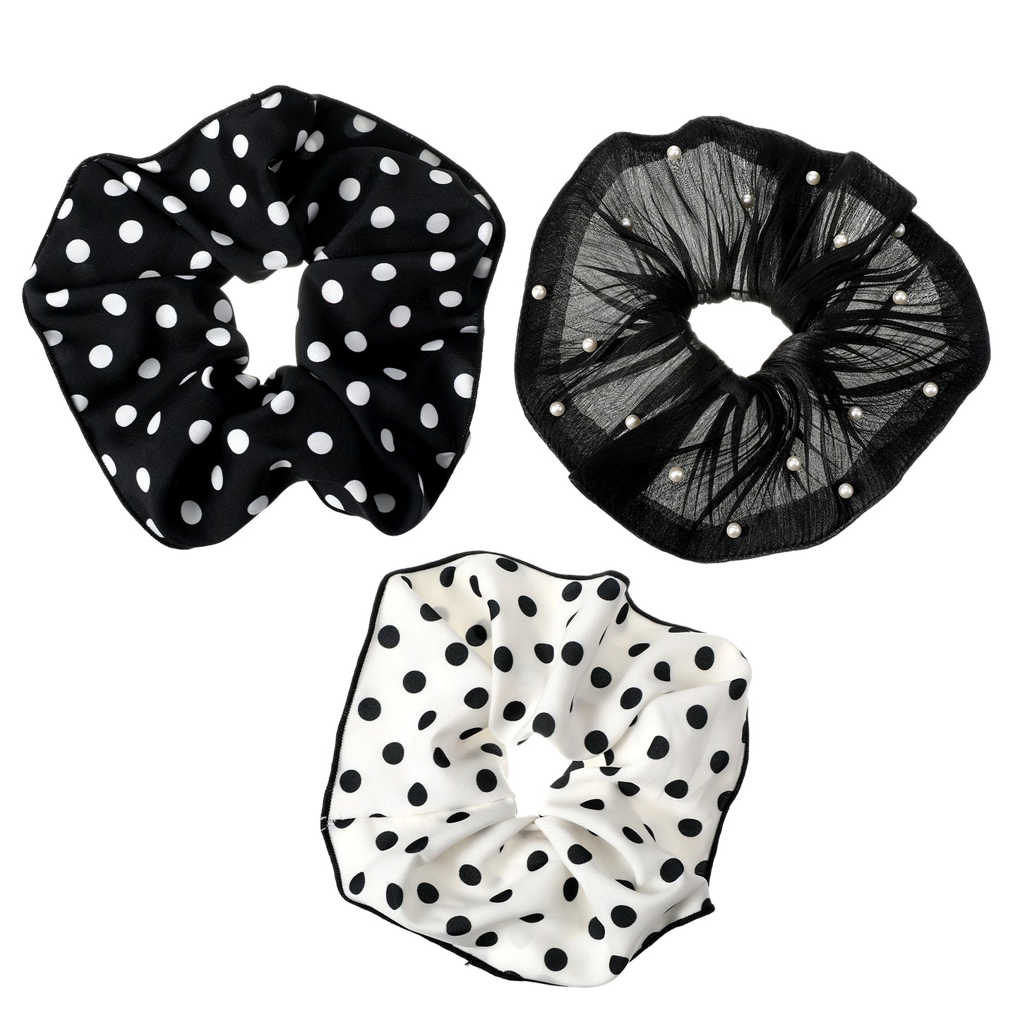 Nogeqi 3 Pcs Oversized Scrunchies with Pearl and Polka Dot, Soft Jumbo Scrunchies Elastic Extra Large Hair Scrunchie for Women Girls, 18 cm (Black, White)