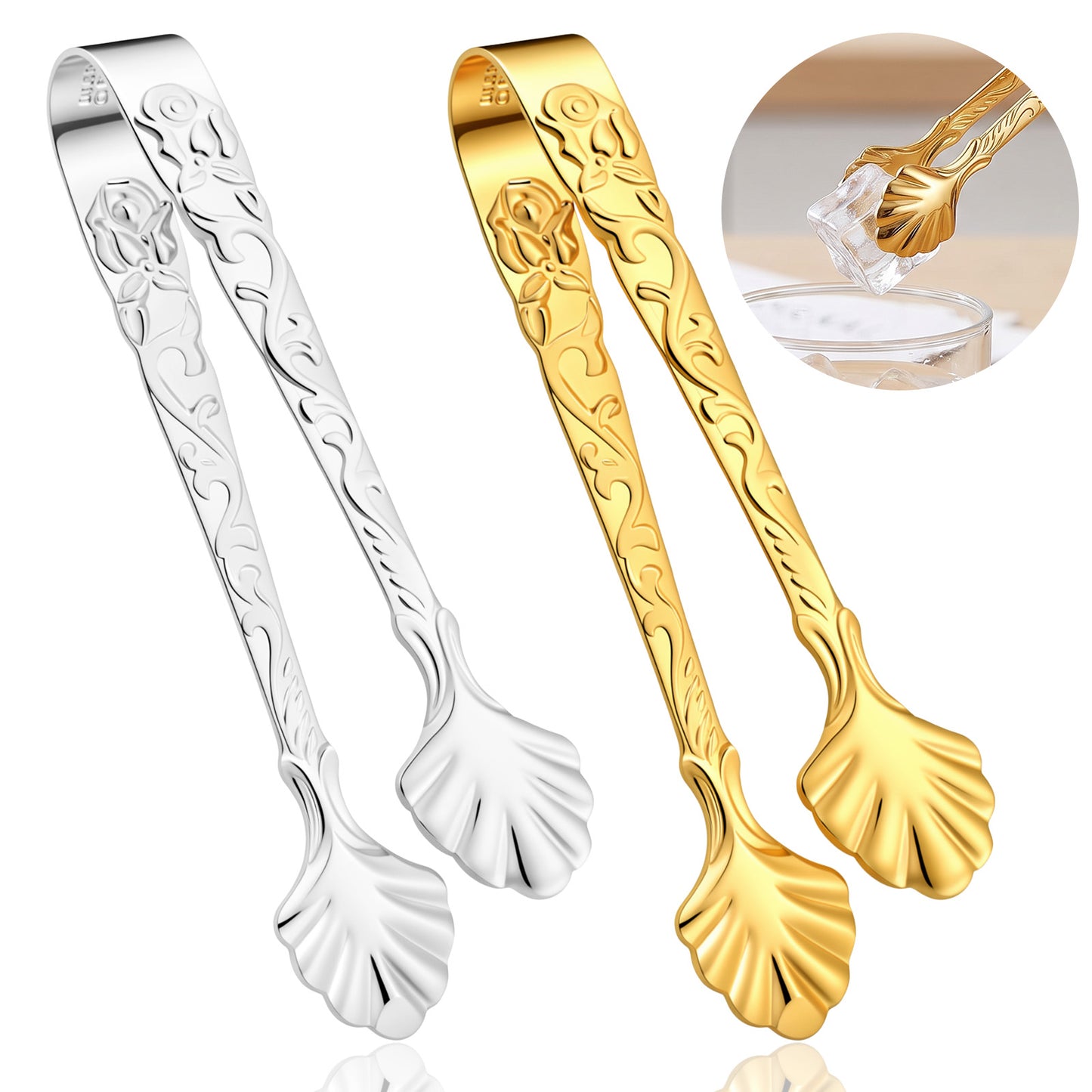 Xinjoduz 2 PCS Stainless Steel Small Rose Design Sugar Cube Tongs, 3.54 Inch U-Shaped Mini Serving Ice Tongs for Kitchen Tea Party Coffee Bar Appetizers Desserts (Gold, Silver)