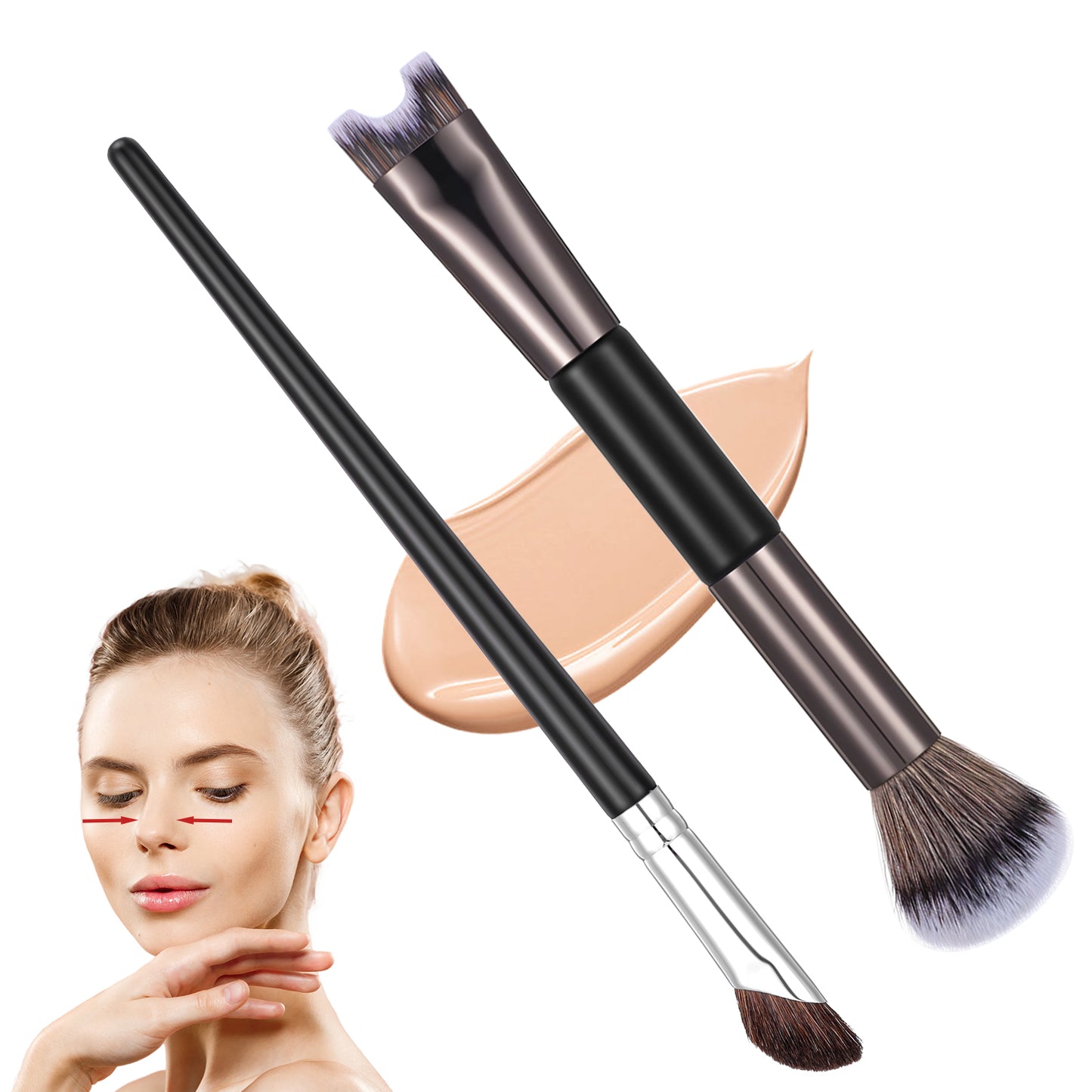 Tyqour 2 Pcs Nose Contour Brushes, 2-In-1 Dual-End U-Shaped and Fluffy Brush, Angled Makeup Brushes, Contour Brush Set for Nose Sculpting and Defining (Black)