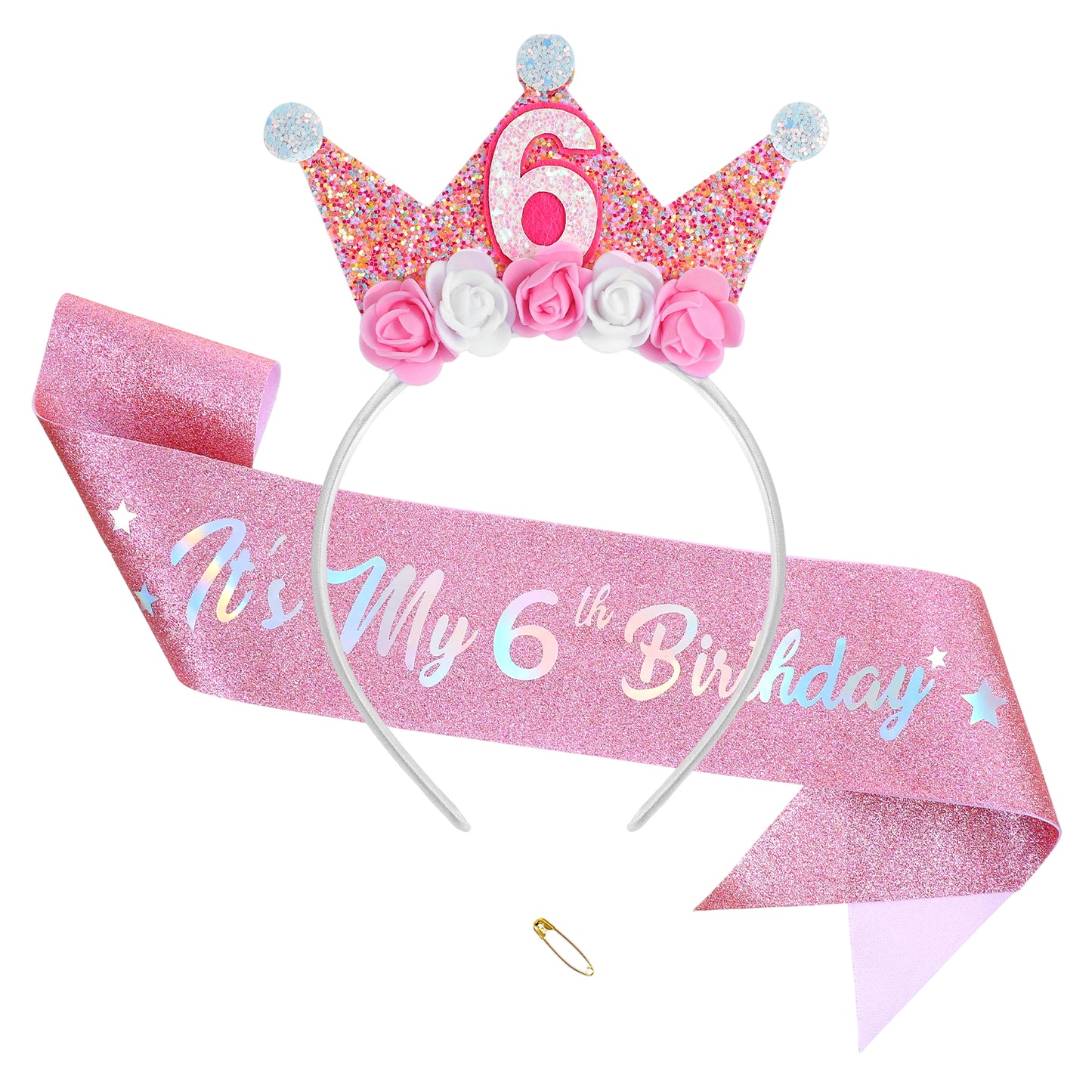 Tyqour 6th Birthday Girl Sash and Headband Set 6th Birthday Decorations for Girls 6 Year Old Girl Birthday Gift Photo Prop & Party Decorations for Party Favors Outfit