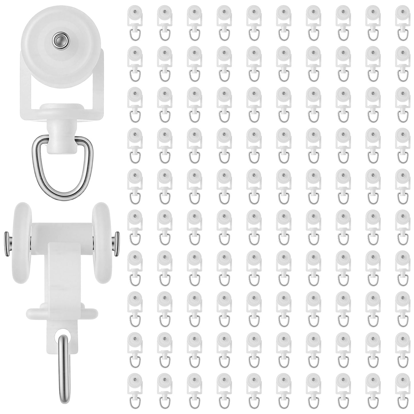 Nogeqi 100PCS Curtain Track Gliders, Dual Wheel Curtain Track Hooks with Stainless Steel Hook, Mute Plastic Roller Hooks for Ceiling Drapes Sliding Glider Compatible with Most Tracks, Easy Install