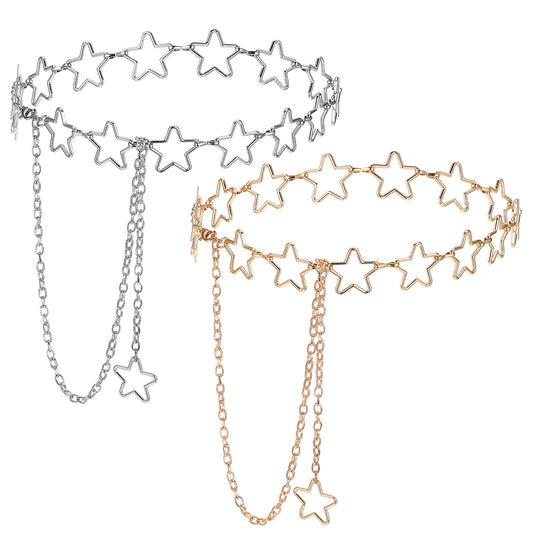 2 Pcs Star Waist Chain, Star Punk Pocket Jean Chain Adjustable Silver Gold Body Chains for Women Fashion Jewelry Belt for Dresses Jeans Skirts