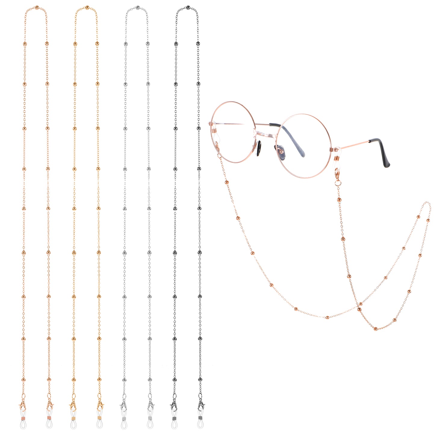 Nogeqi 4PCS Beaded Chain for Glasses Around Neck Women, Eyeglass Chains for Women Stylish, Eyeglass Strap Glasses Lanyard Glasses Necklace for Women Eyeglasses Sunglasses