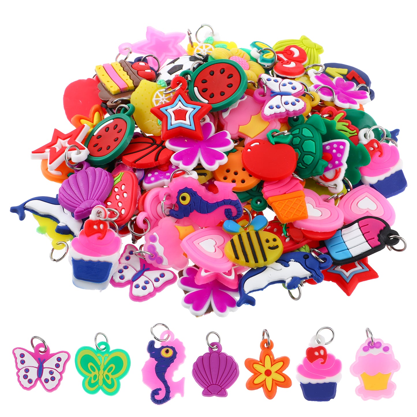 Nogeqi 100 Pcs Silicone Charms for Bracelets,Rubber Loom Band Charm,Rubber Band Bracelets Charms,Charms for Bracelet Making,for Pendant Bracelet Making DIY Handmade Materials(Multiple Styles)