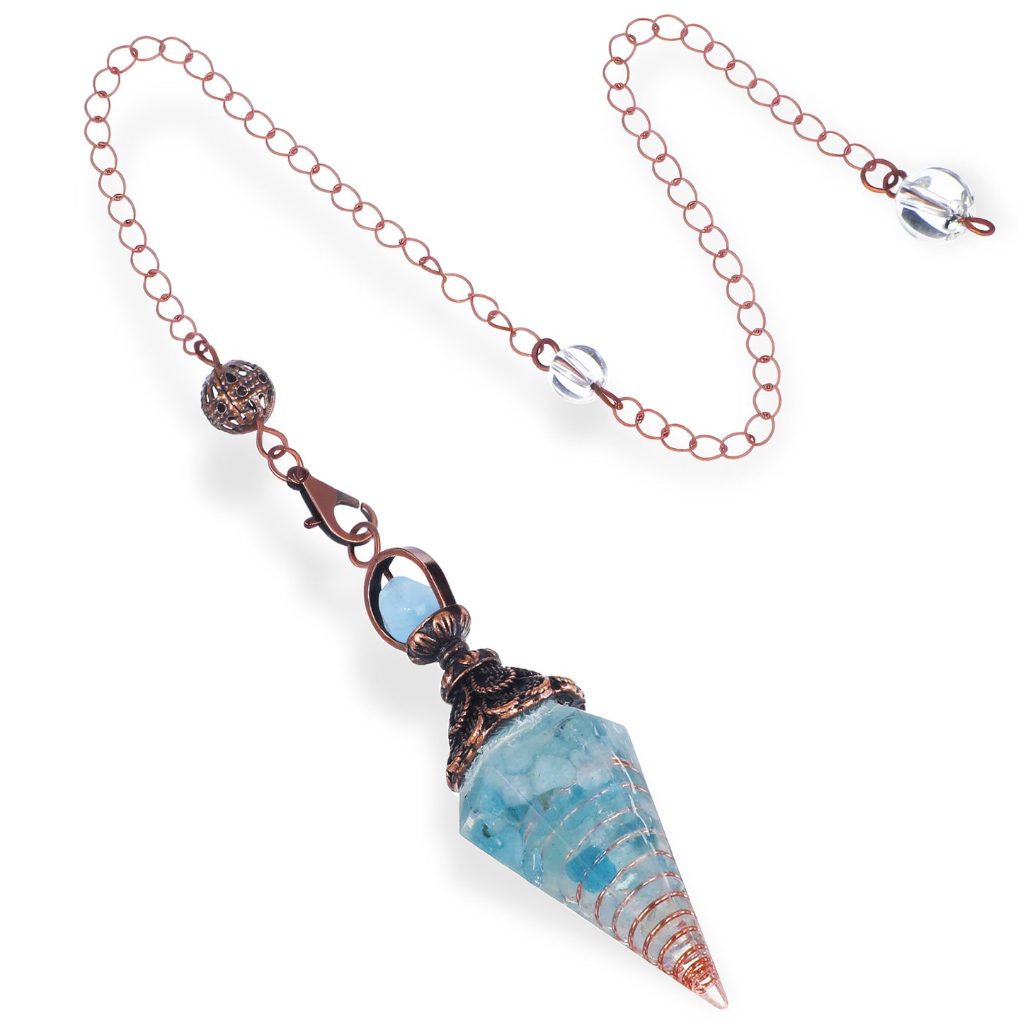 Nogeqi Pendulum Crystal, Natural Aquamarine Healing Crystal Pendulum with Chain, Pointed Spritual Energy Pendant for Dowsing Divination Tools, Witchcraft Supplies,