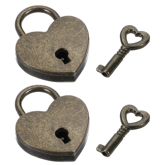 2Pcs Small Heart Shaped Locks with Key, Mabor Mini Metal Heart Padlock Bronze Vintage Love Padlock for Diary Book Jewelry Box Storage Box Locker Decor Suitcase/Luggage