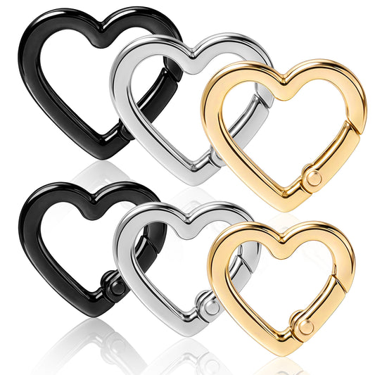 Tyqour 6 Pcs Heart Carabiner Keychain Clip Cute Keychain Hook Heart Shaped Carabiner Key Ring for Camping Accessories, Backpack Water Bottle Zinc Alloy Accessory (Gold, Silver, Black)