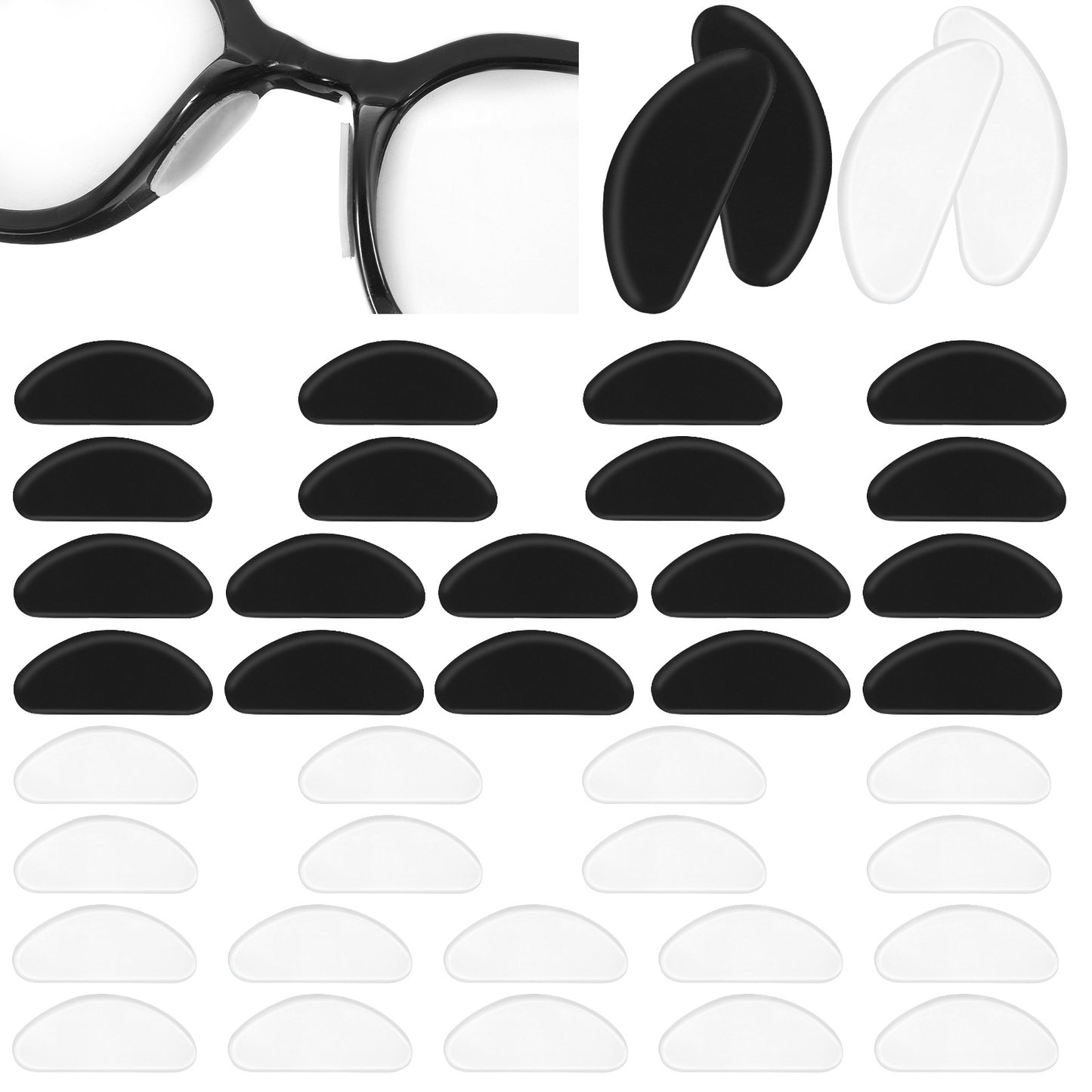 Mabor 20 Pairs Anti-Slip Nose Pads for Glasses  Silicone D-Shaped Adhesive Stick-On Eyeglass Nose Grips, Ultra-Thin Comfort Fit for Optical & Sunglasses, Black & Clear
