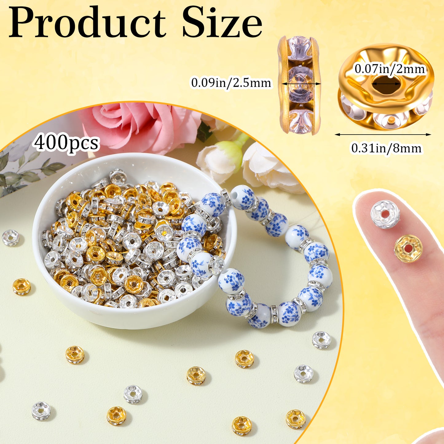 Ouligay 400pcs 8mm Gold & Silver Rondelle Spacer Beads for DIY Crafts, Bead Spacers, Rhinestone Beads for Jewelry Making