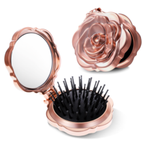 2 Pcs Travel Folding Hair Brush for Women, Rose Gold Small Hair Brush for Purse, Compact Mini Hairbrush with Mirror, Portable Pocket HairBrush for Women Girls Wet and Dry Hair