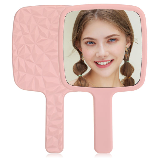 Xindojuz 1 PCS Small Square Hand Held Mirror, Diamond Pattern Mirror Handheld, Portable 1X/5X Magnifying Travel Mirrors with Handle for Makeup Travel Women and Men (Pink, 6.69×3.94 inch)