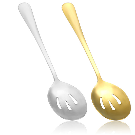 2 Pcs Serving Spoons for Buffet Stainless Steel Slotted Serving Spoons Gold and Silver Large Slotted Spoon Cooking Spoon Utensils Set for Parties Kitchen Restaurant, Dishwasher Safe