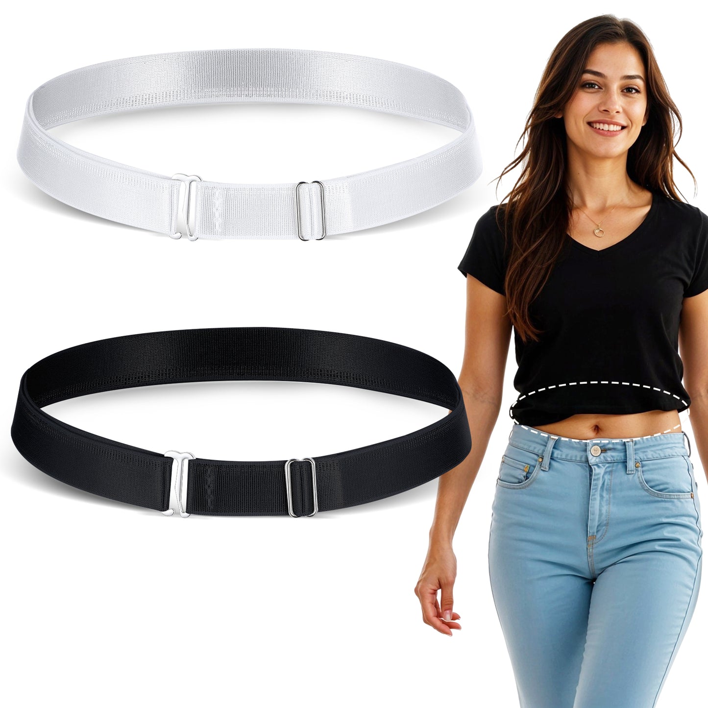 Tyqour 2PCS Adjustable Elastic Belts for Women,Shirt Tuck Band Women Tucky Belt Crop Tuck Band Perfect for Cropping Shirts, Sweaters, and More (Black & White)