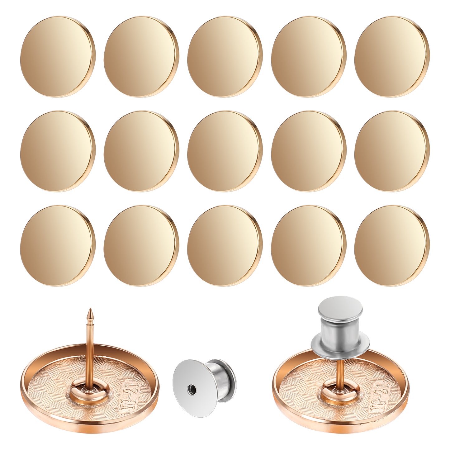 15PCS Gold Buttons for Blazer, 21mm Flat Coat Buttons Pins No Sew No Tools Instant Replacement Golden Brass Buttons Round Shaped Detachable Vintage Sewing Button for Suit Coat Shirt Jackets Craft
