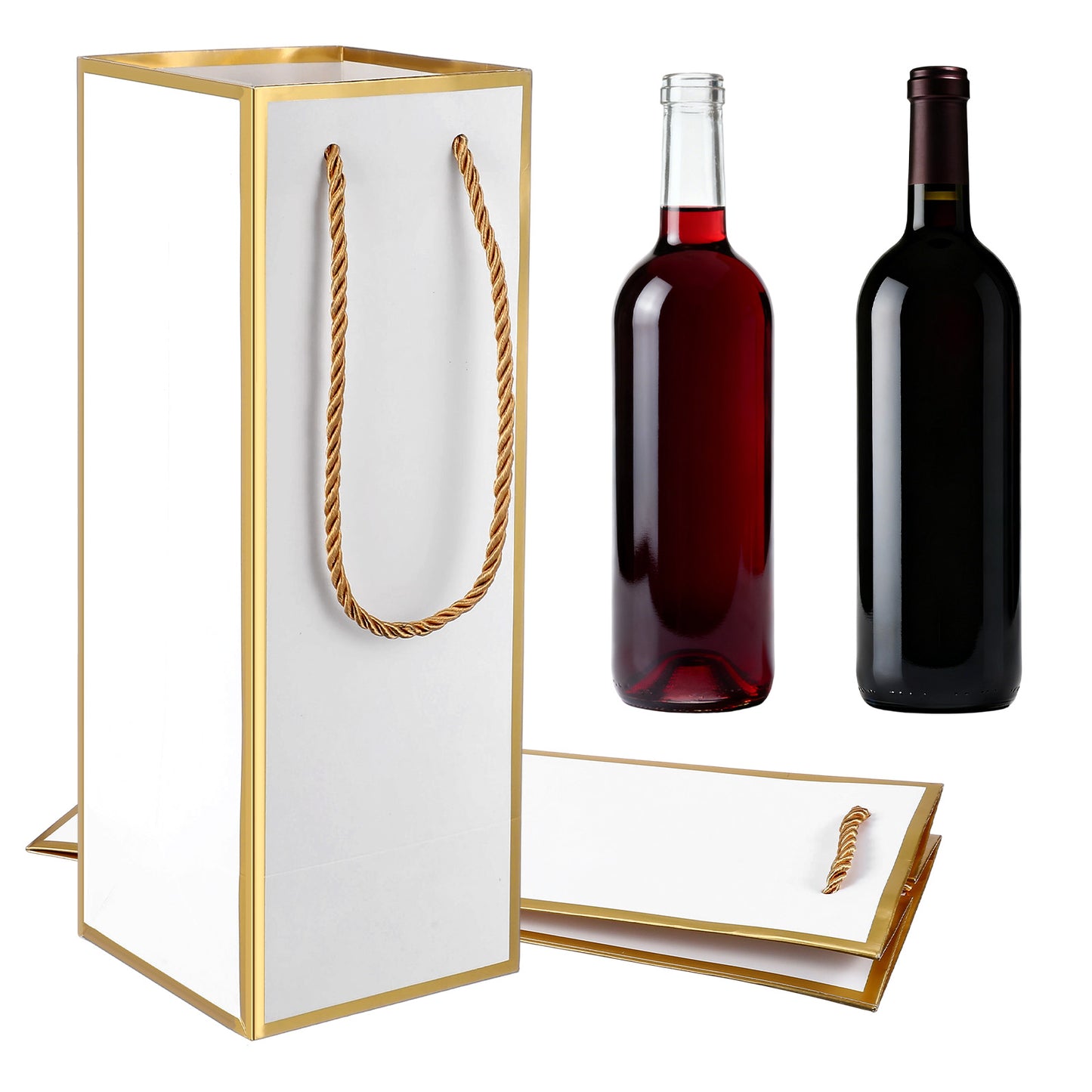 Ouligay 2 Pack White Wine Gift Bag Wine Bottle Gift Bags Reusable Liquor Bags with Gold Foil Print 4"X4"X11" Gold Foil White Wines Bag for Valentines Party Wedding Christmas Anniversaries or Champagne
