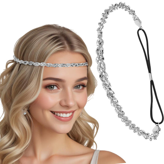 Ymapinc Sliver Headpiece for Women, Crystal Headband 70s 80s Headbands Sparkly Sliver Rhinestone Head Chain for Bride Bridesmaids Wedding Party